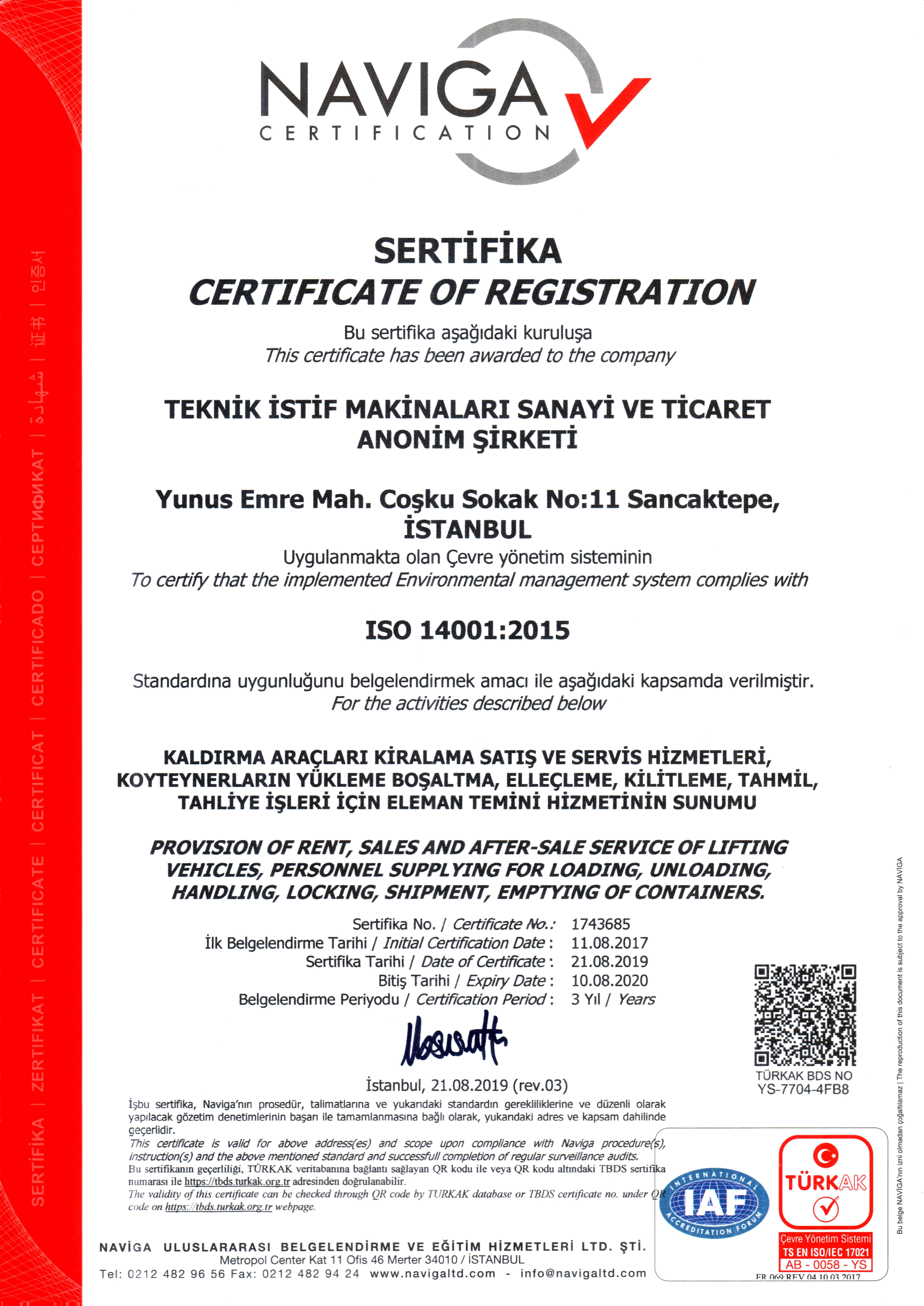 TEKNİK İSTİF İSO 14001-2015